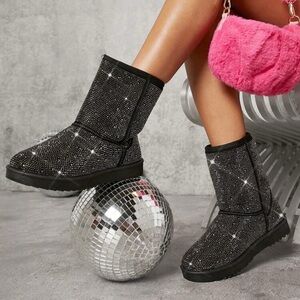 Kids Black Rhinestone Cozy boots